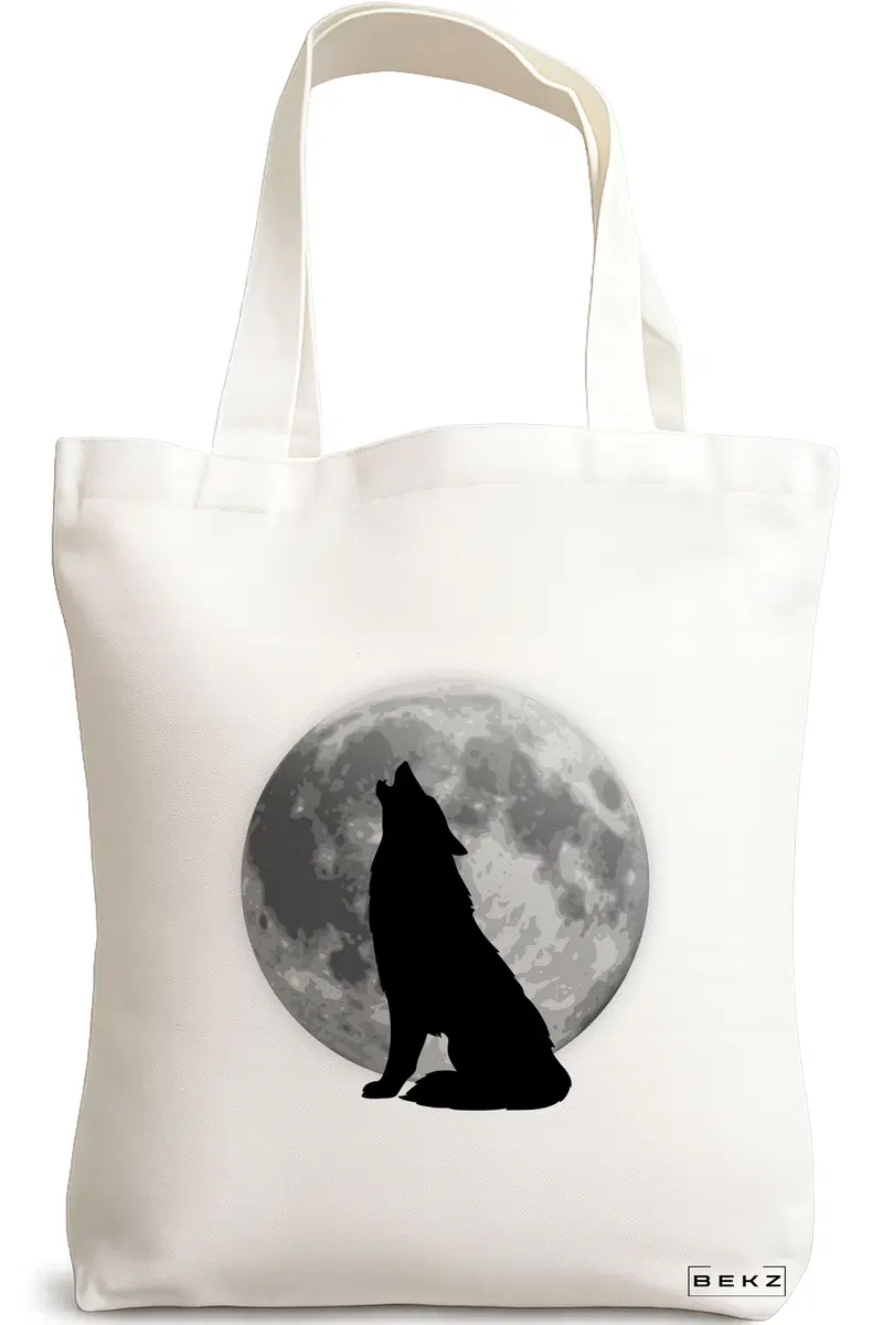 Sacosa Cumparaturi Textila, Geanta Tote, model Lup si Luna, 38x34.5 cm, Alba, BEKZ®
