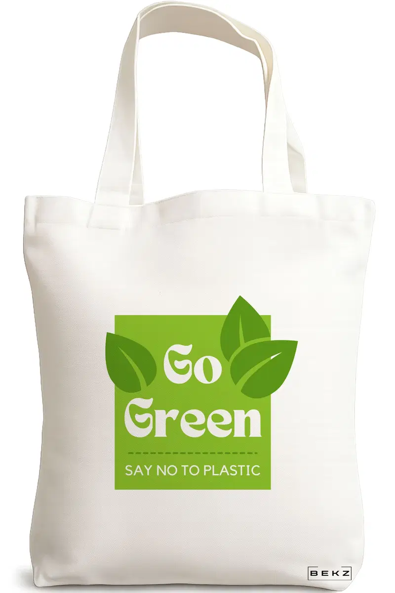 Sacosa Cumparaturi Textila, Geanta Tote, model Go Green - Say no to plastic, 38x34.5 cm, Alba, BEKZ®