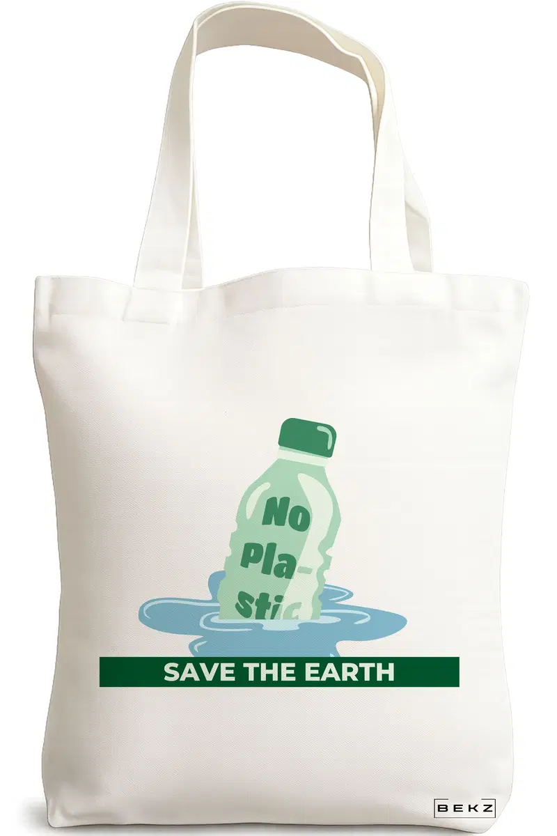 Sacosa Cumparaturi Textila, Geanta Tote, model No plastic - Save the earth, 38x34.5 cm, Alba, BEKZ®