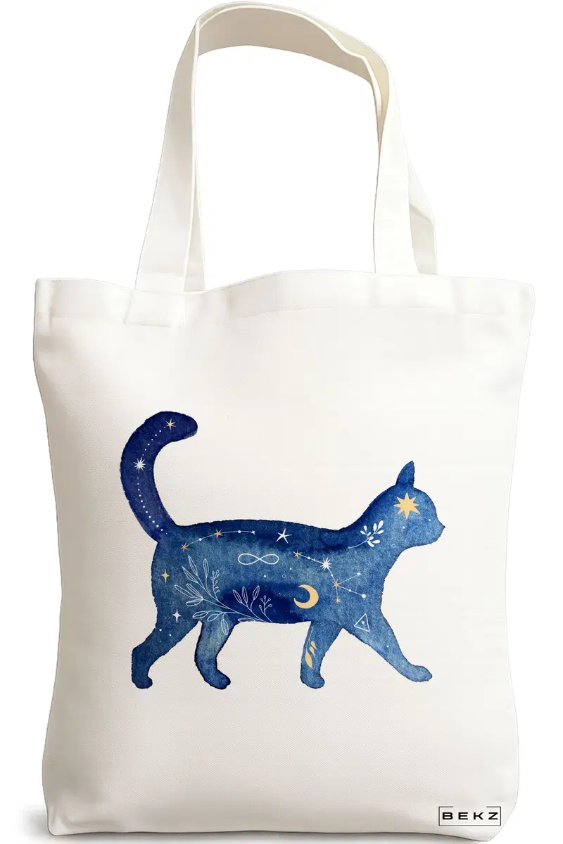 Sacosa Cumparaturi Textila, Geanta Tote, model Pisica Astrala, 38x34.5 cm, Alba, BEKZ®