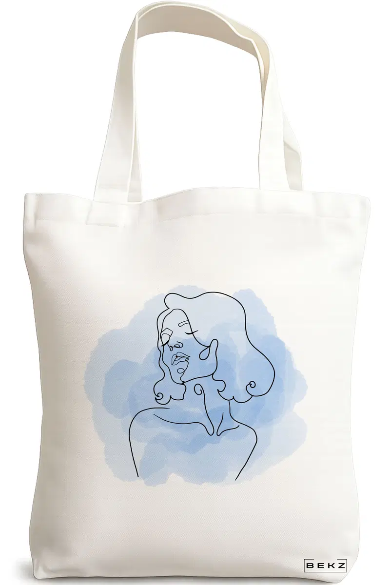 Sacosa Cumparaturi Textila, Geanta Tote, model Portret Feminin Minimalist, 38x34.5 cm, Alba, BEKZ®