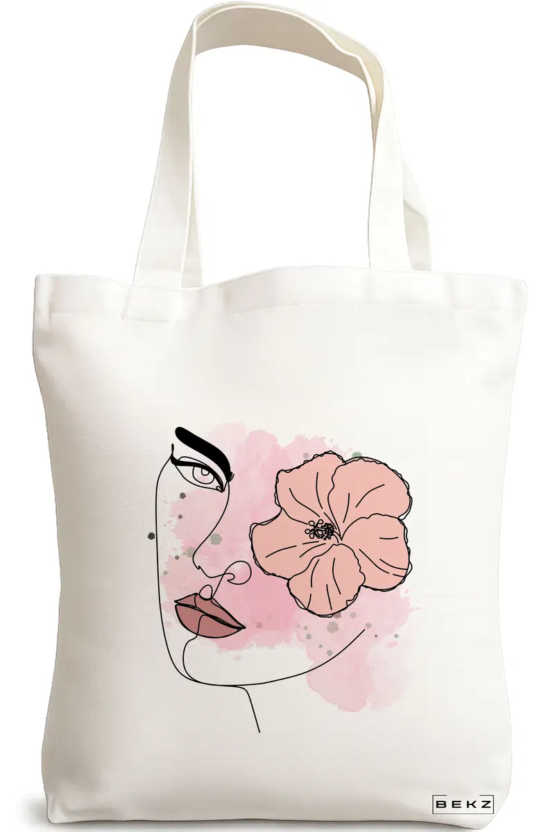 Sacosa Cumparaturi Textila, Geanta Tote, model Floral Line, 38x34.5 cm, Alba, BEKZ®