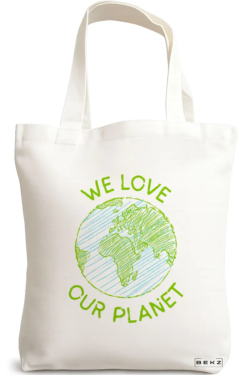 Sacosa Cumparaturi Textila, Geanta Tote, model We Love Our Planet, 38x34.5 cm, Alba, BEKZ®