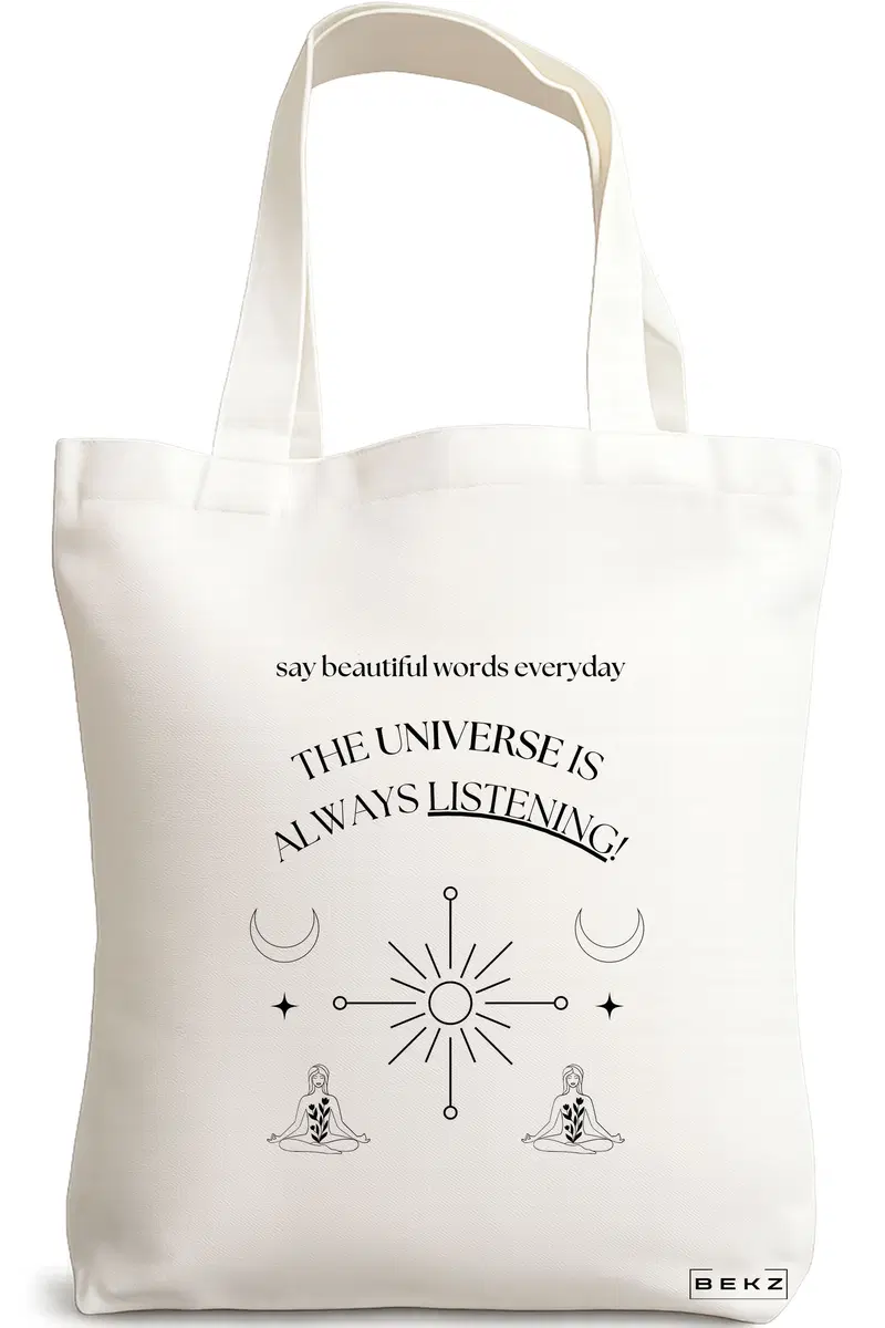 Sacosa Cumparaturi Textila, Geanta Tote, model The Universe Listens, 38x34.5 cm, Alba, BEKZ®