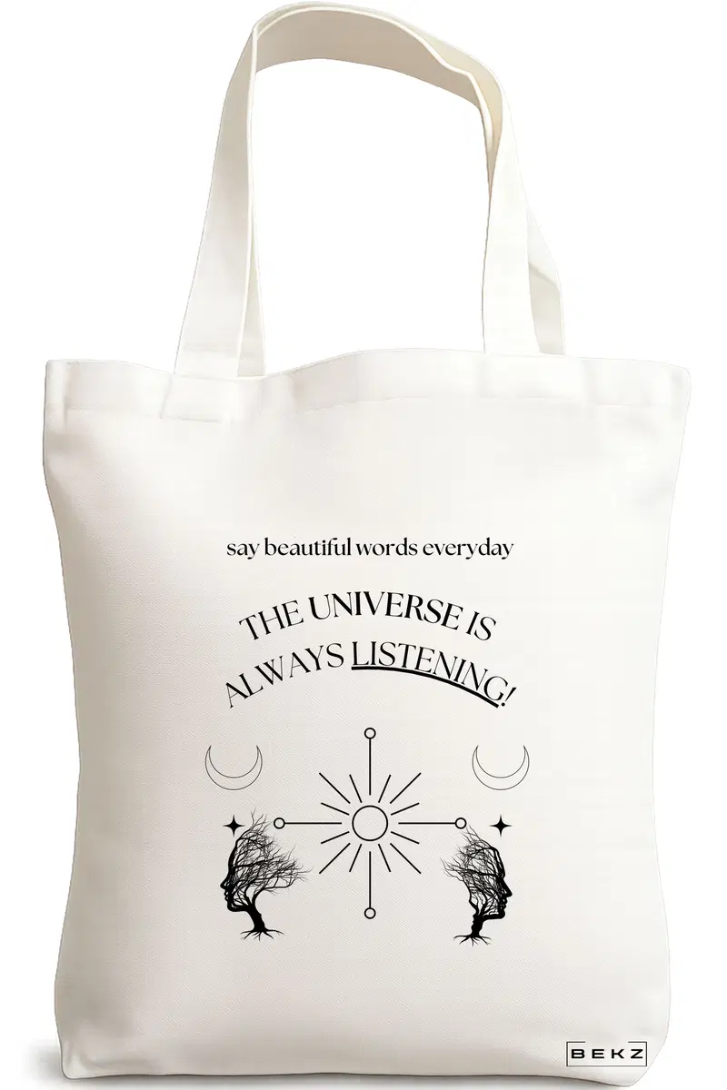 Sacosa Cumparaturi Textila, Geanta Tote, model The Universe Listens 2, 38x34.5 cm, Alba, BEKZ®