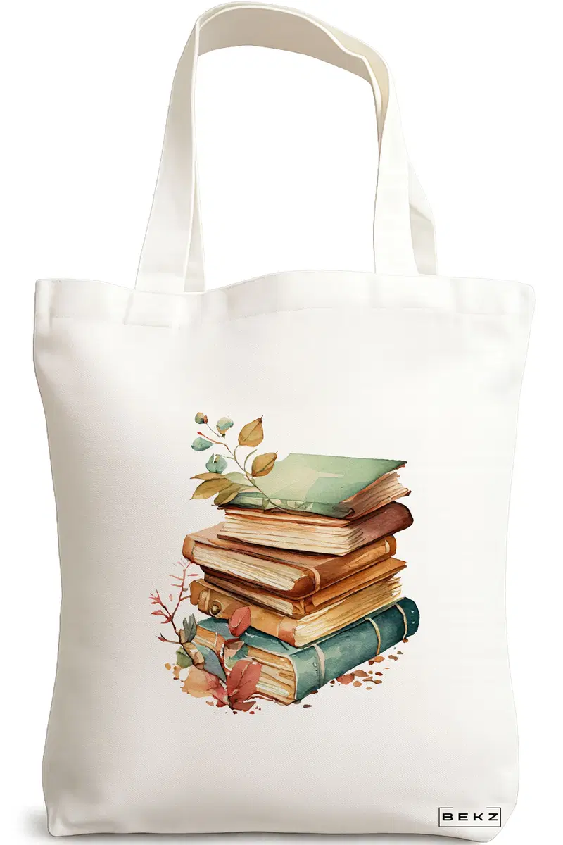 Sacosa Cumparaturi Textila, Geanta Tote, model Pile of Books, 38x34.5 cm, Alba, BEKZ®
