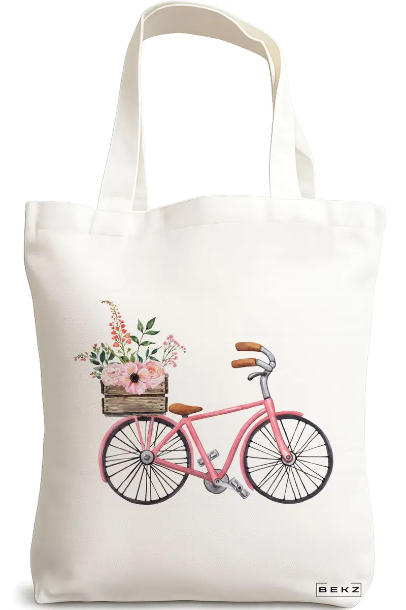 Sacosa Cumparaturi Textila, Geanta Tote, model Spring on Two Wheels, 38x34.5 cm, Alba, BEKZ®