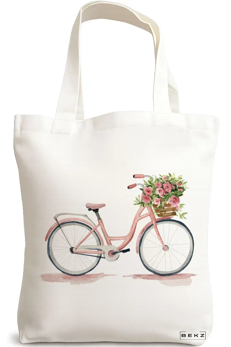 Sacosa Cumparaturi Textila, Geanta Tote, model Pink Bicycle, 38x34.5 cm, Alba, BEKZ®