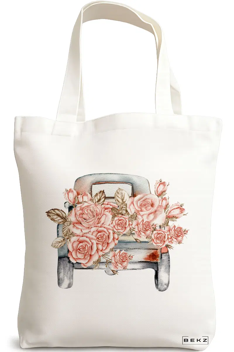 Sacosa Cumparaturi Textila, Geanta Tote, model Pink Car, 38x34.5 cm, Alba, BEKZ®