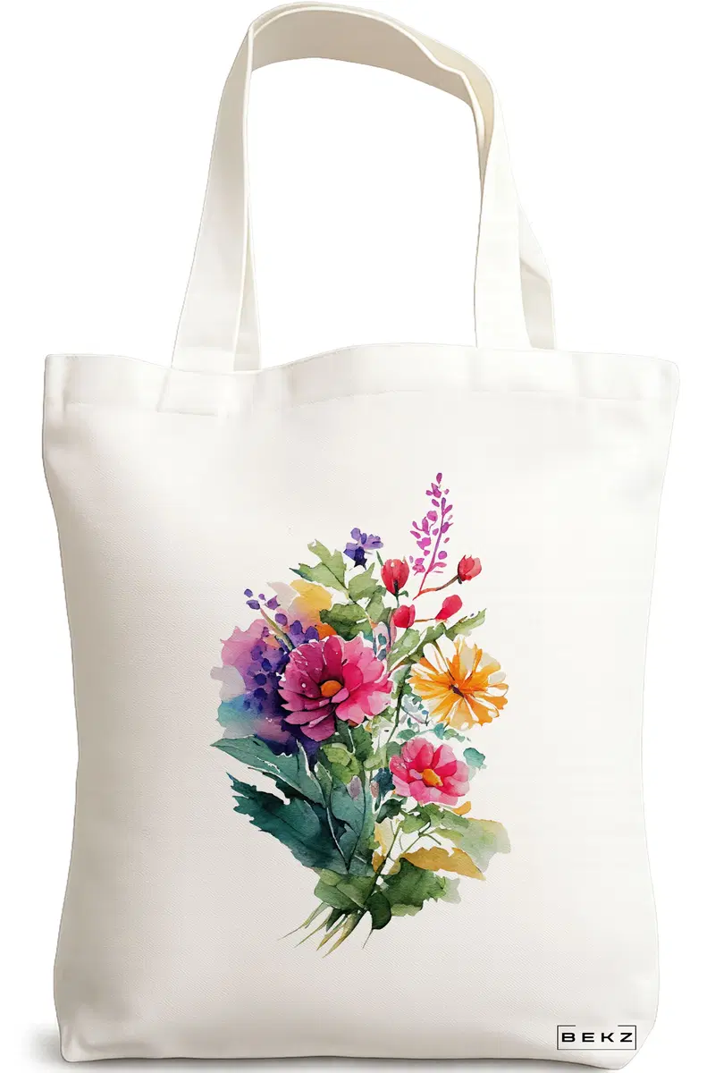 Sacosa Cumparaturi Textila, Geanta Tote, model The Bouquet, 38x34.5 cm, Alba, BEKZ®
