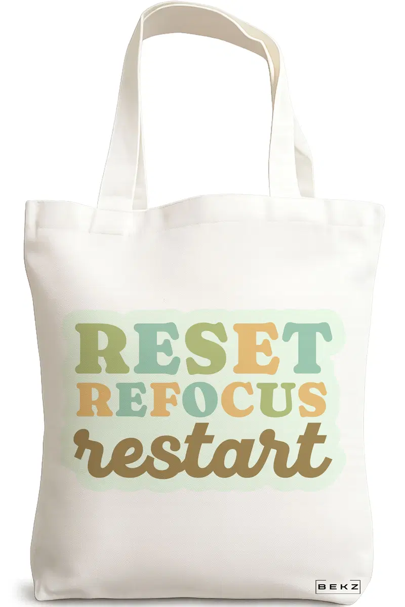 Sacosa Cumparaturi Textila, Geanta Tote, model RESET REFOCUS RESTART, 38x34.5 cm, Alba, BEKZ®