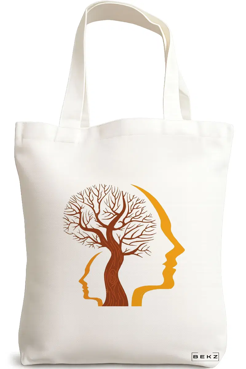 Sacosa Cumparaturi Textila, Geanta Tote, model Tree and Faces, 38x34.5 cm, Alba, BEKZ®