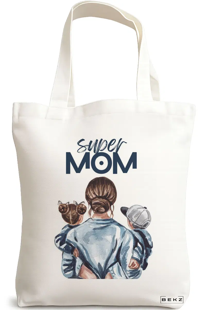 Sacosa Cumparaturi Textila, Geanta Tote, model Super Mom, 38x34.5 cm, Alba, BEKZ®