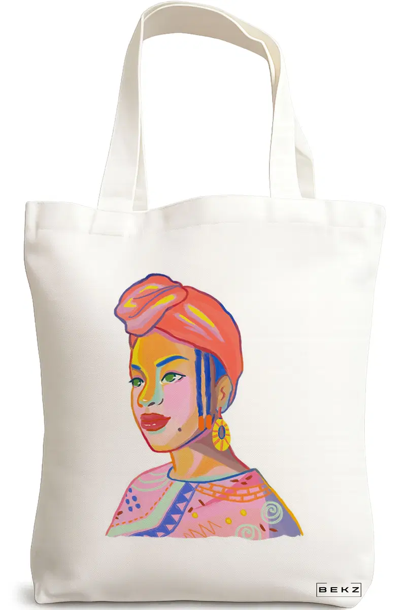 Sacosa Cumparaturi Textila, Geanta Tote, model Portret Vibrant, 38x34.5 cm, Alba, BEKZ®