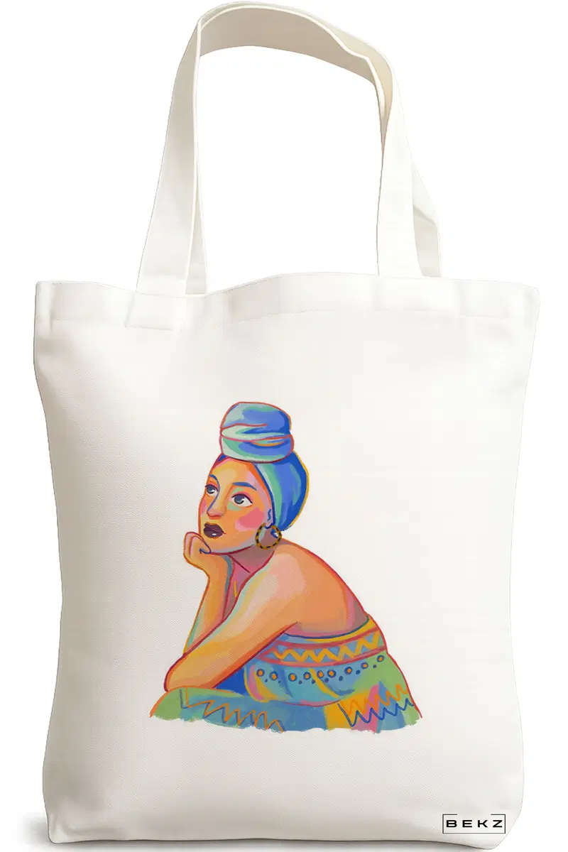 Sacosa Cumparaturi Textila, Geanta Tote, model Portret Vibrant 2, 38x34.5 cm, Alba, BEKZ®