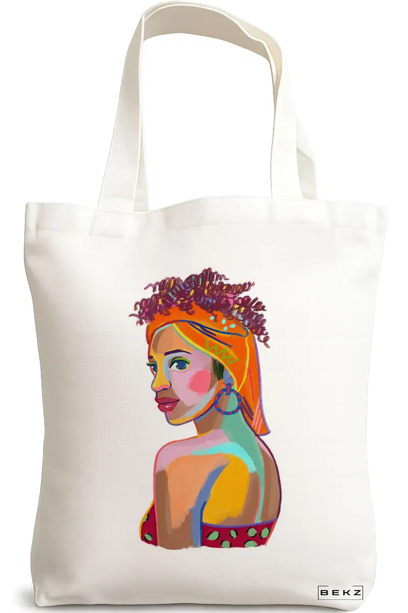 Sacosa Cumparaturi Textila, Geanta Tote, model Portret Vibrant 3, 38x34.5 cm, Alba, BEKZ®
