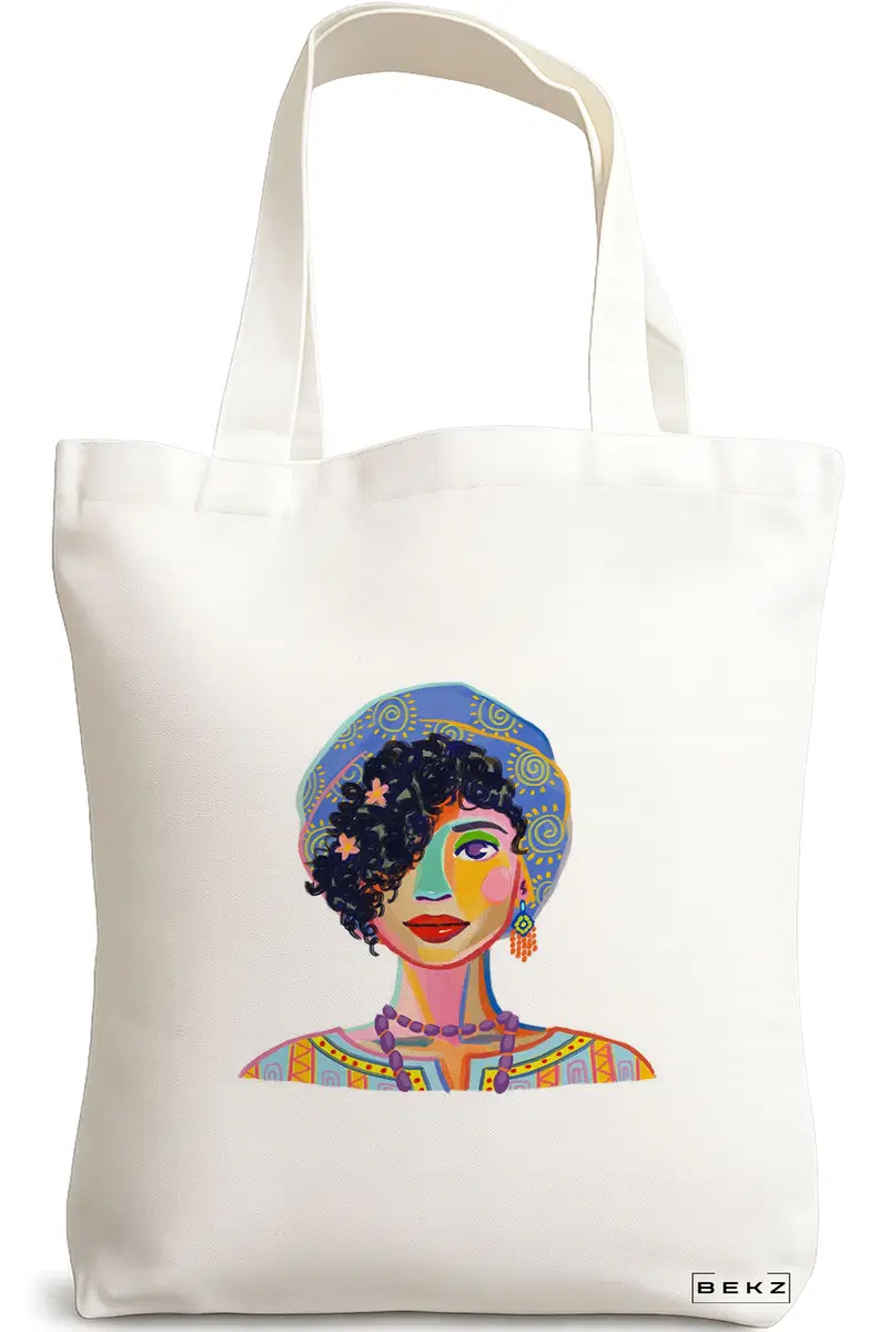 Sacosa Cumparaturi Textila, Geanta Tote, model Portret Vibrant 5, 38x34.5 cm, Alba, BEKZ®