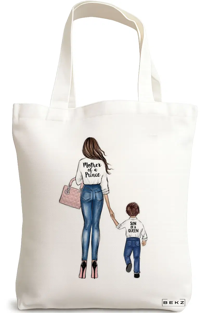 Sacosa Cumparaturi Textila, Geanta Tote, model Mother of a prince, 38x34.5 cm, Alba, BEKZ®