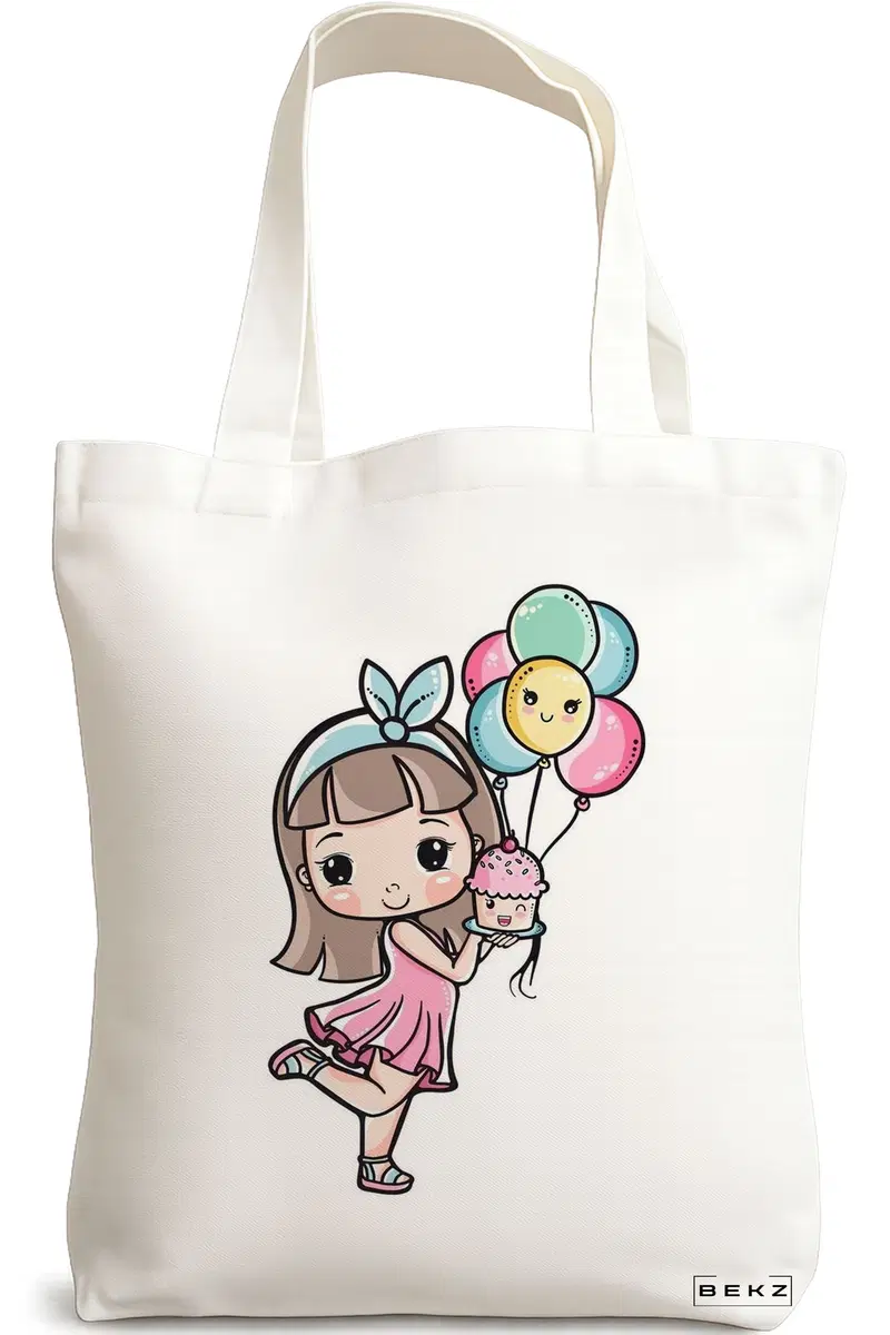 Sacosa Cumparaturi Textila, Geanta Tote, model Cupcake girl, 38x34.5 cm, Alba, BEKZ®