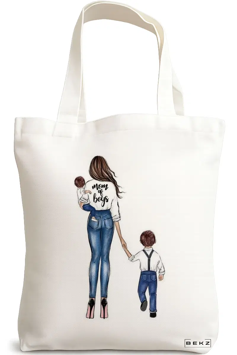 Sacosa Cumparaturi Textila, Geanta Tote, model Mom of Boys, 38x34.5 cm, Alba, BEKZ®