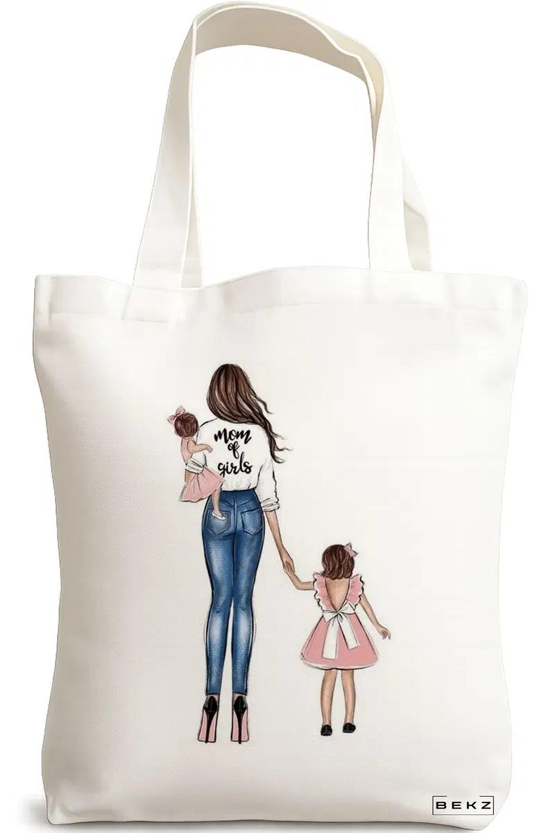 Sacosa Cumparaturi Textila, Geanta Tote, model Mom of Girls, 38x34.5 cm, Alba, BEKZ®