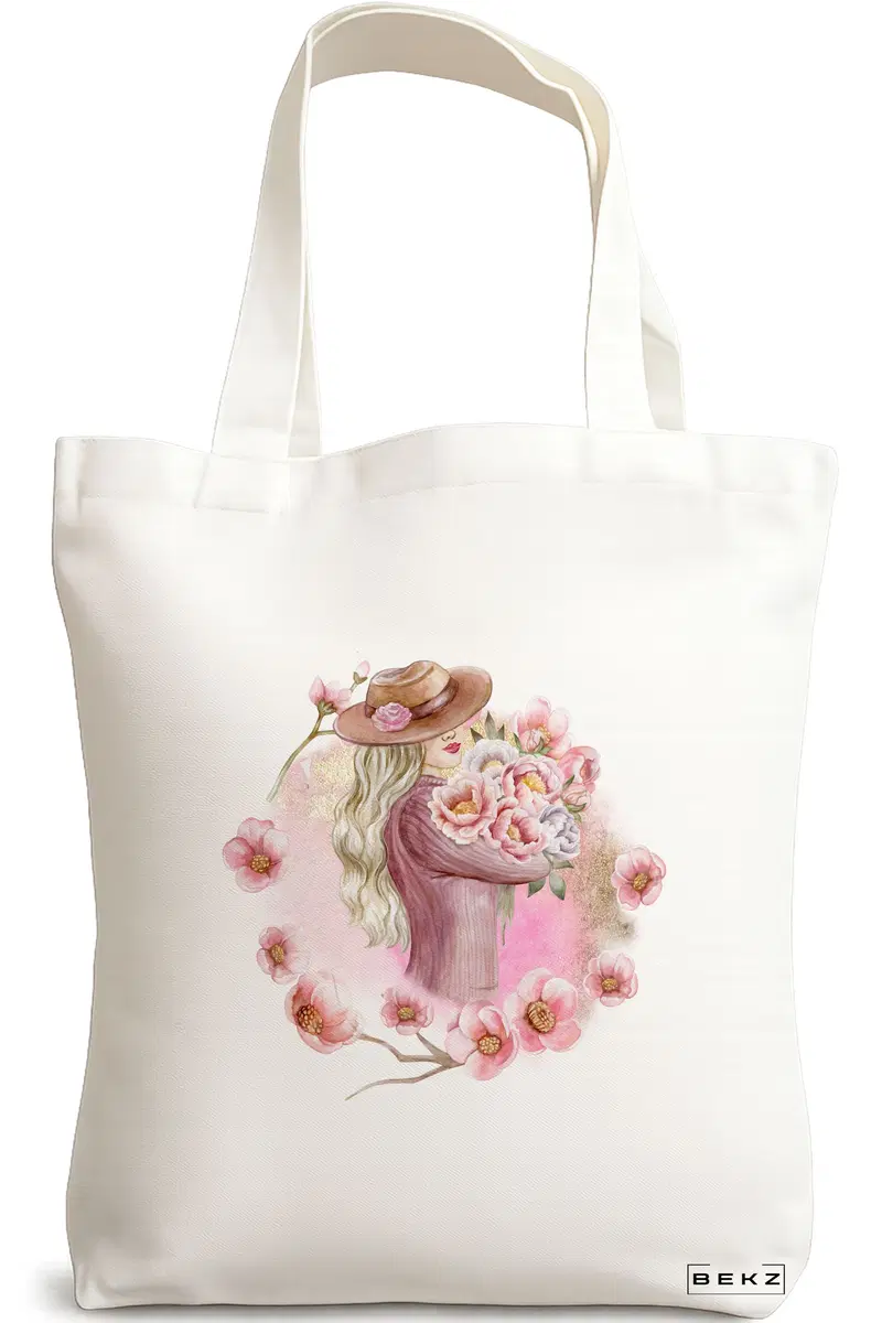 Sacosa Cumparaturi Textila, Geanta Tote, model Floral Romance, 38x34.5 cm, Alba, BEKZ®