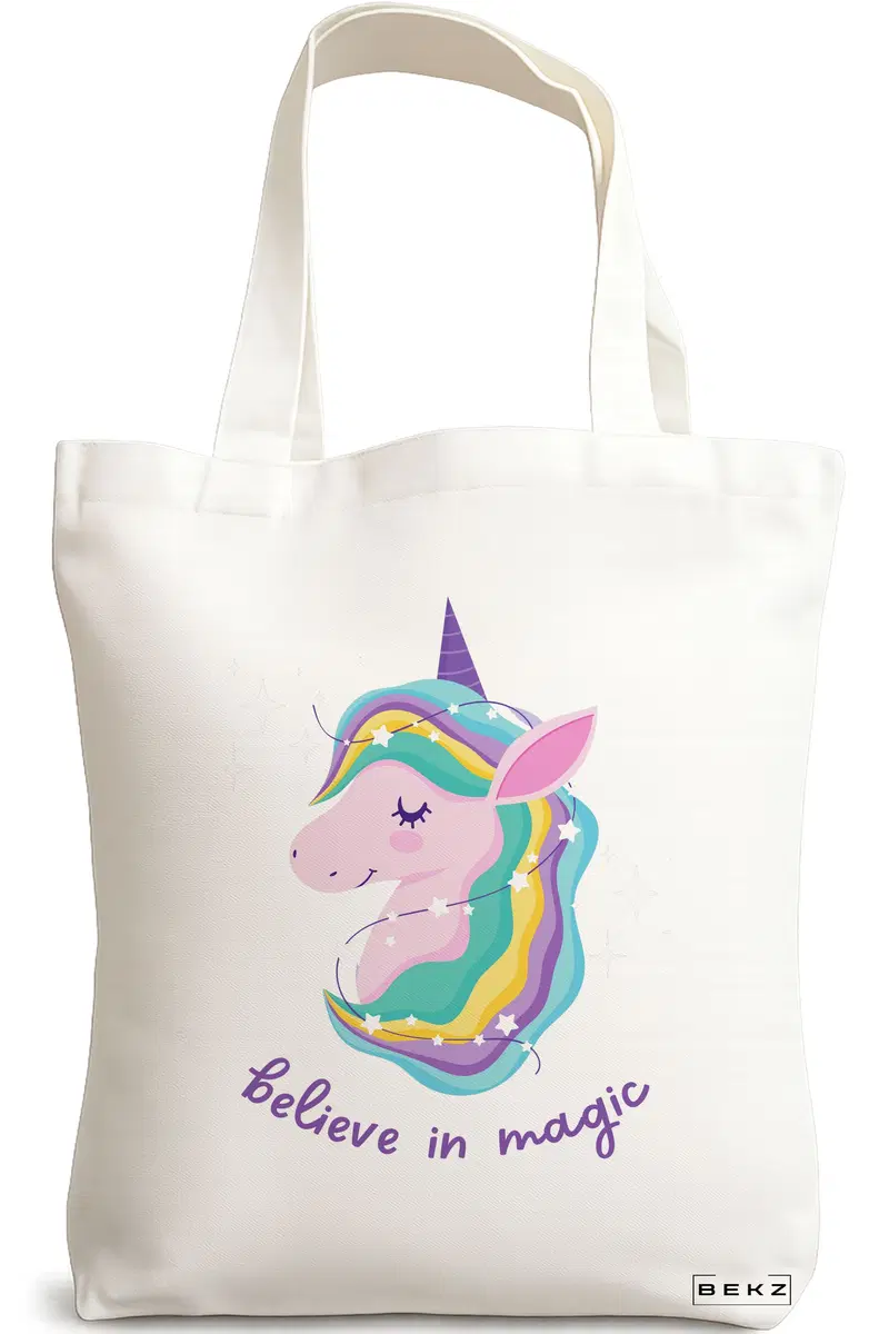 Sacosa Cumparaturi Textila, Geanta Tote, model Believe in Magic, 38x34.5 cm, Alba, BEKZ®