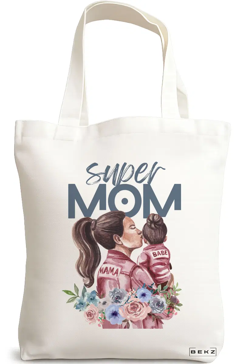 Sacosa Cumparaturi Textila, Geanta Tote, model Super Mom 2, 38x34.5 cm, Alba, BEKZ®