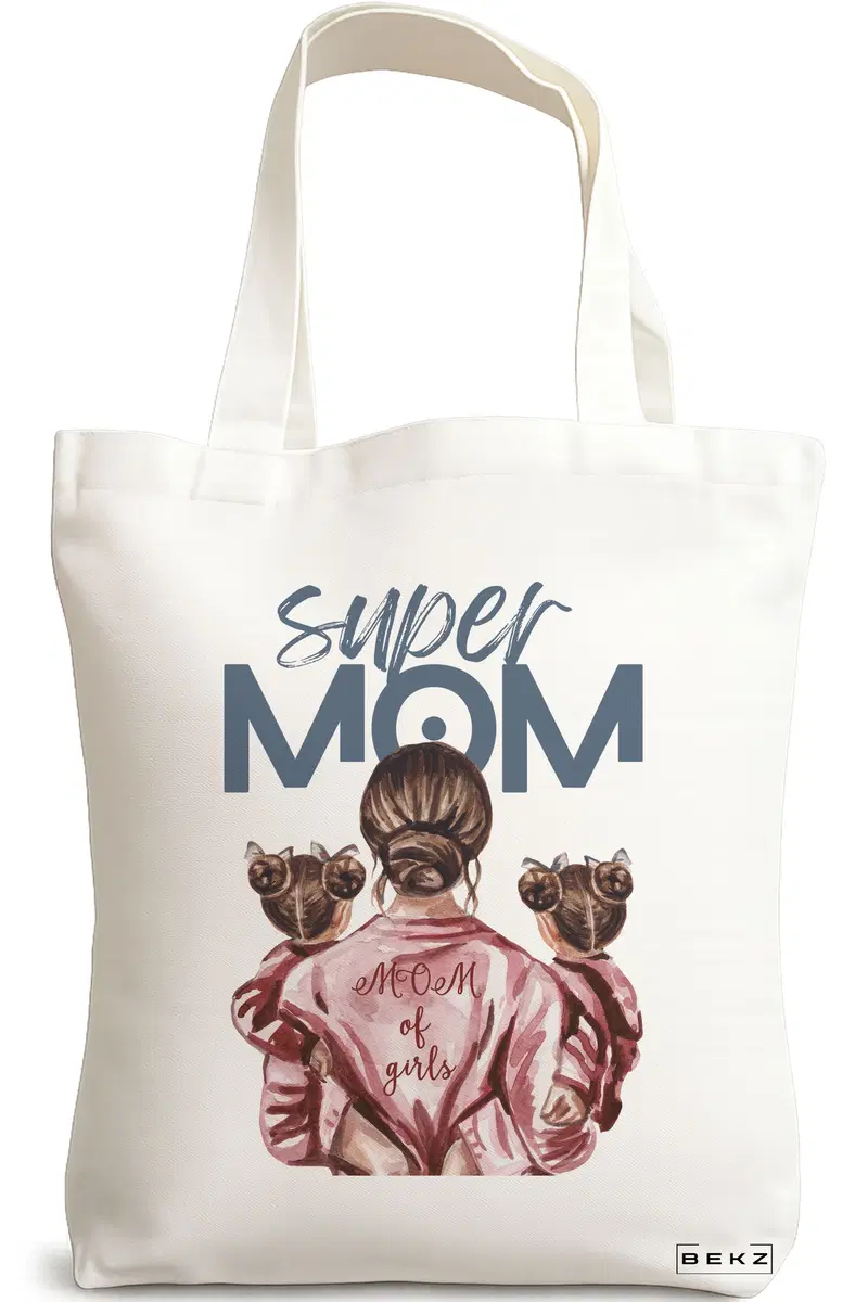 Sacosa Cumparaturi Textila, Geanta Tote, model Super Mom of Girls, 38x34.5 cm, Alba, BEKZ®