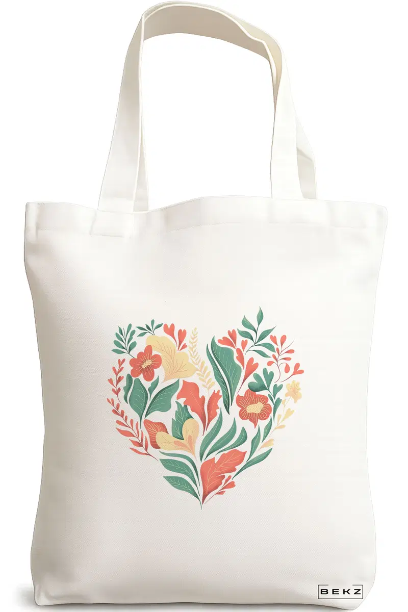 Sacosa Cumparaturi Textila, Geanta Tote, model Inima Florala, 38x34.5 cm, Alba, BEKZ®