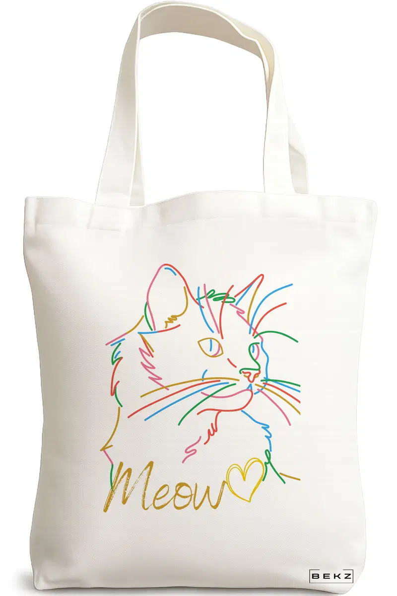 Sacosa Cumparaturi Textila, Geanta Tote, model Meow, 38x34.5 cm, Alba, BEKZ®