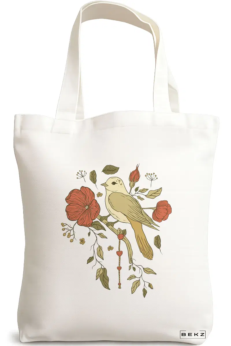 Sacosa Cumparaturi Textila, Geanta Tote, model Cantec Floral, 38x34.5 cm, Alba, BEKZ®
