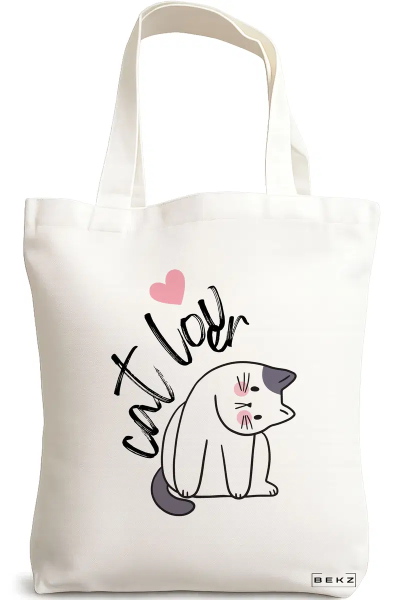 Sacosa Cumparaturi Textila, Geanta Tote, model Cat Lover, 38x34.5 cm, Alba, BEKZ®