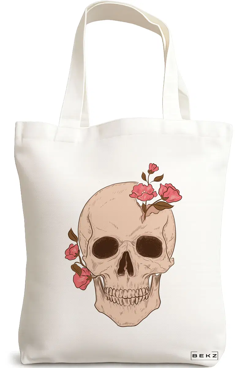 Sacosa Cumparaturi Textila, Geanta Tote, model Floral Skull, 38x34.5 cm, Alba, BEKZ®