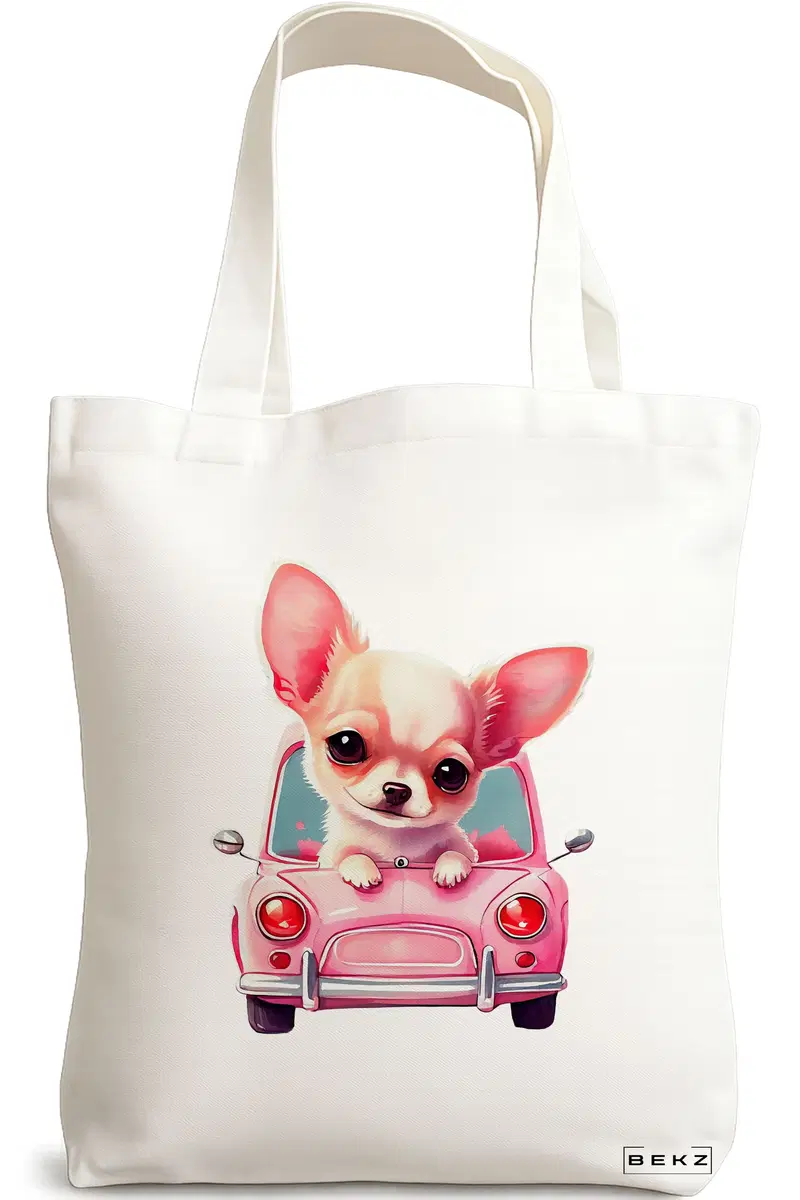 Sacosa Cumparaturi Textila, Geanta Tote, model Chihuahua the Driver, 38x34.5 cm, Alba, BEKZ®