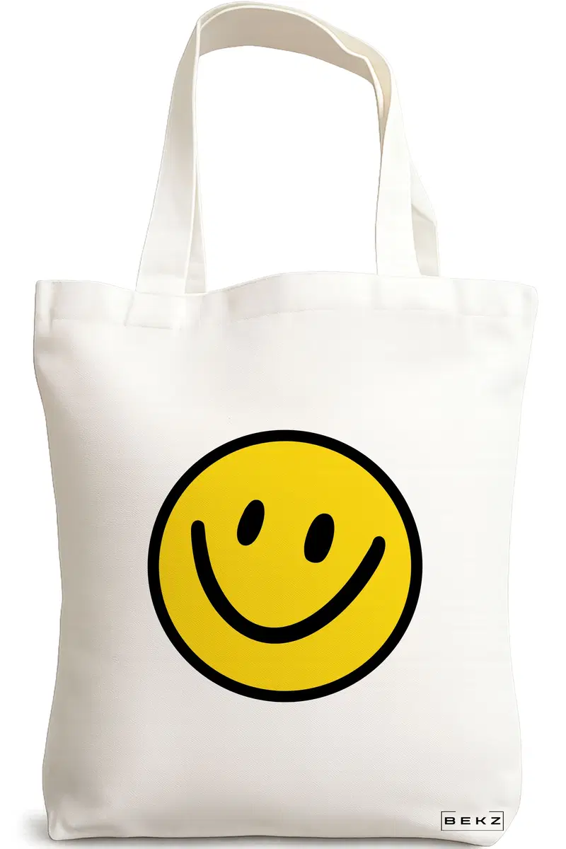 Sacosa Cumparaturi Textila, Geanta Tote, model Happy Smile, 38x34.5 cm, Alba, BEKZ®