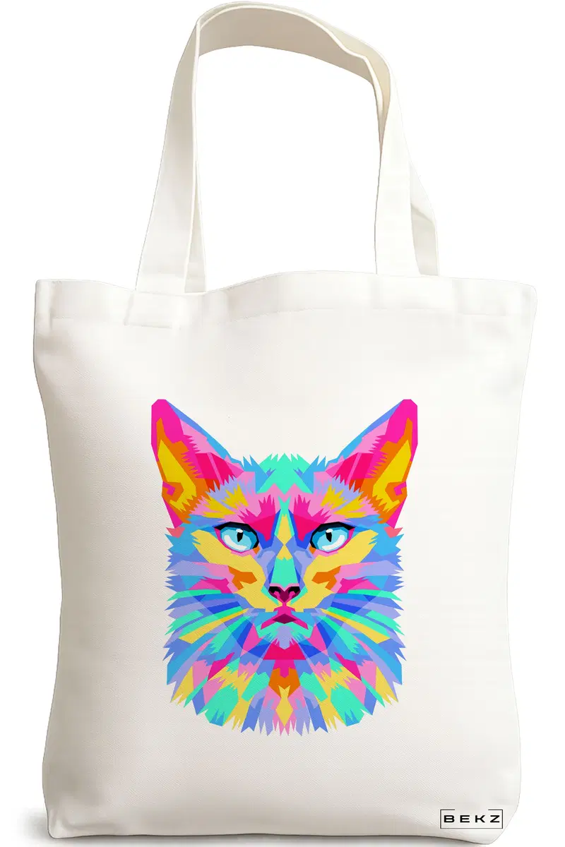 Sacosa Cumparaturi Textila, Geanta Tote, model Colorful Geometric Cat, 38x34.5 cm, Alba, BEKZ®