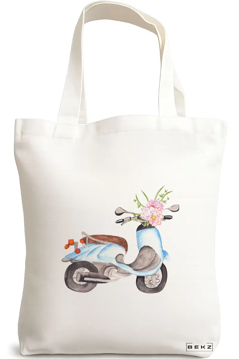 Sacosa Cumparaturi Textila, Geanta Tote, model Floral Bike, 38x34.5 cm, Alba, BEKZ®