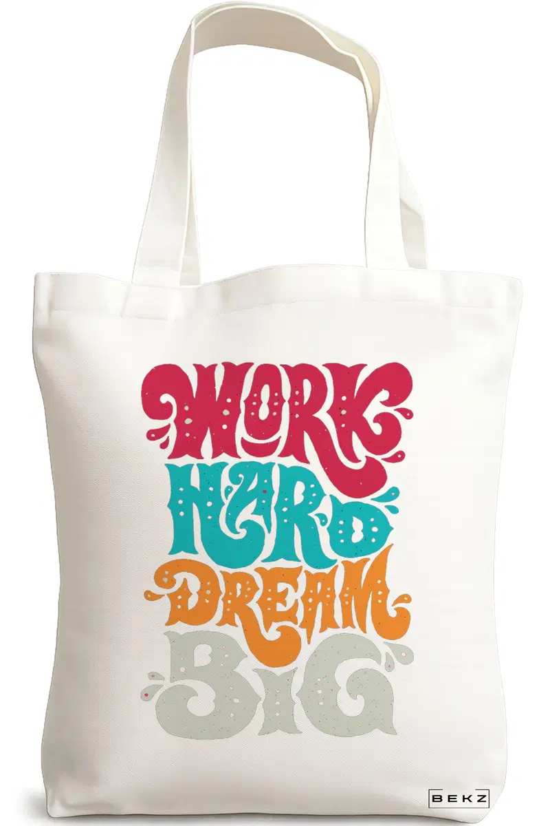 Sacosa Cumparaturi Textila, Geanta Tote, model Work Hard Dream Big, 38x34.5 cm, Alba, BEKZ®