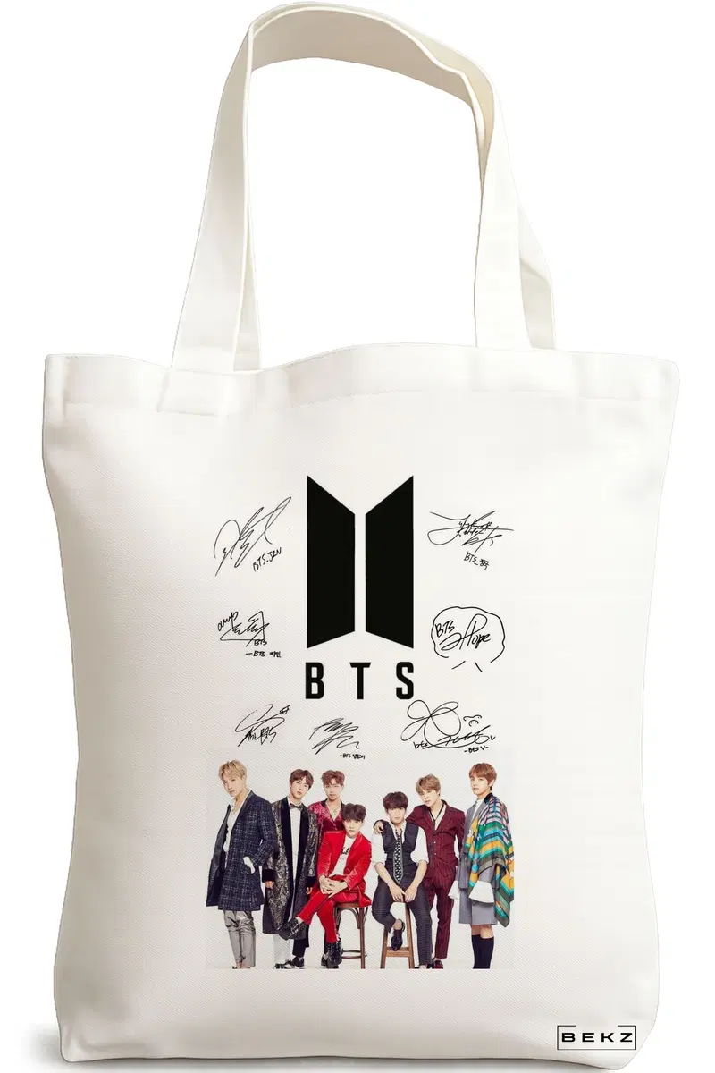 Sacosa Cumparaturi Textila, Geanta Tote, model BTS Army 1, 38x34.5 cm, Alba, BEKZ®