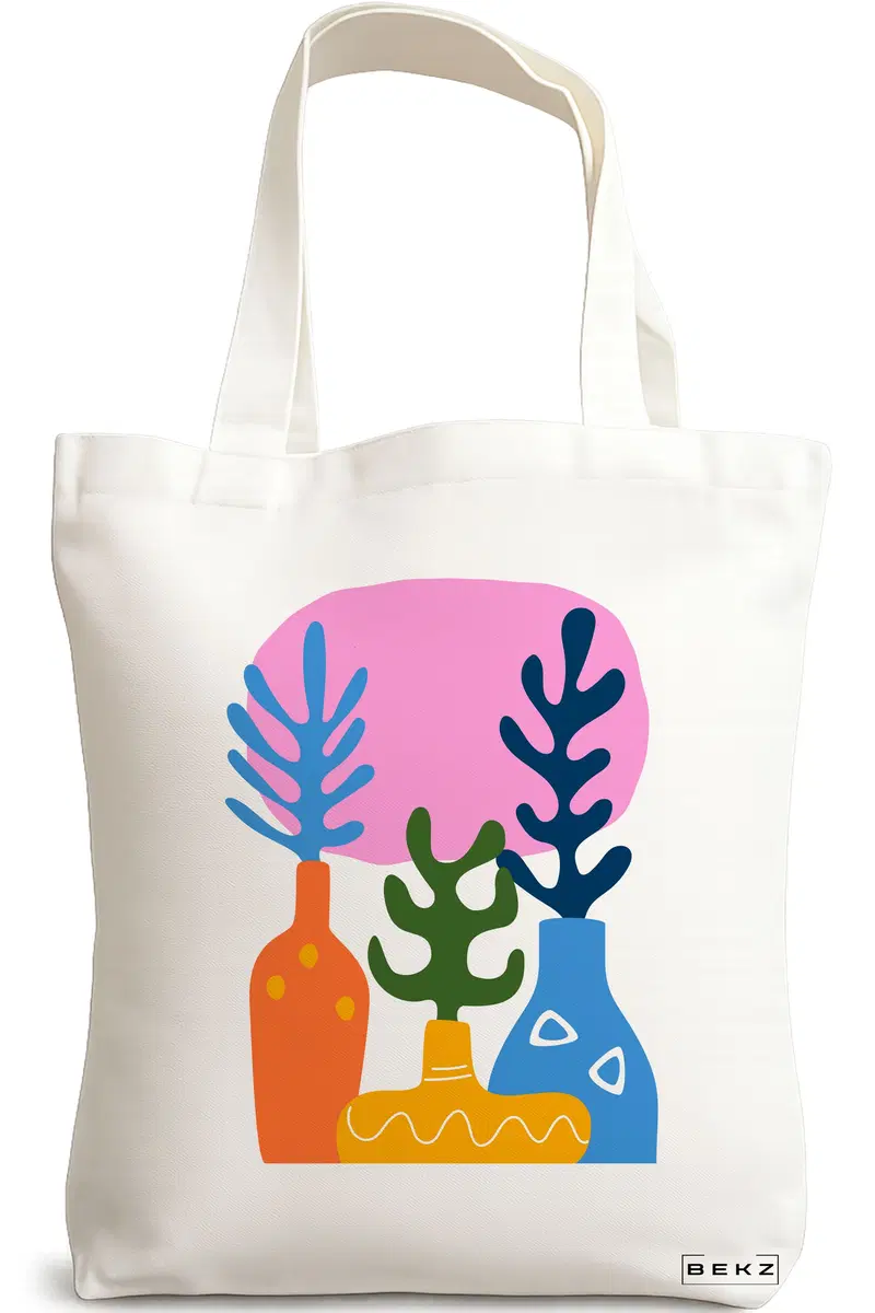 Sacosa Cumparaturi Textila, Geanta Tote, model Gradina Abstracta, 38x34.5 cm, Alba, BEKZ®