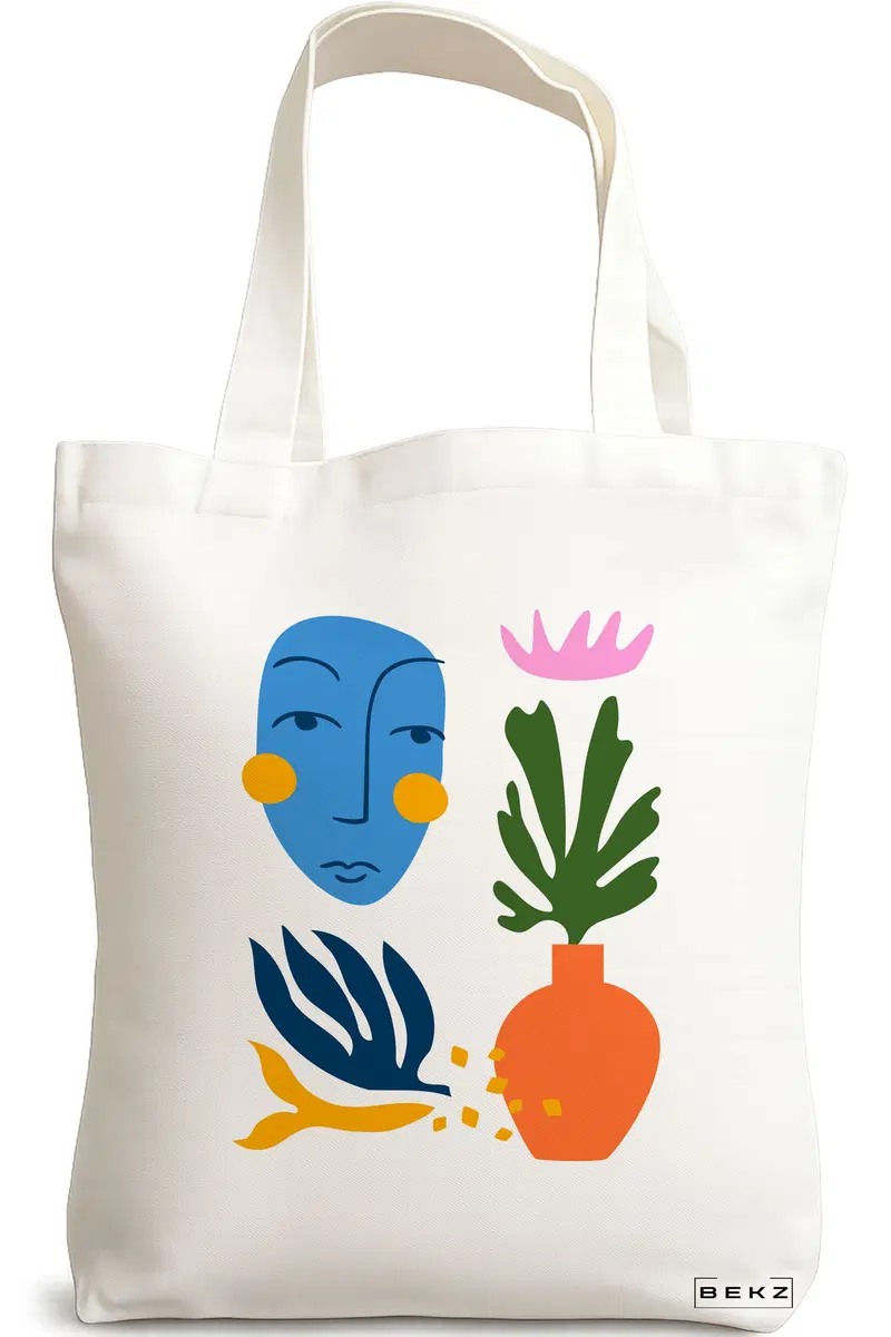 Sacosa Cumparaturi Textila, Geanta Tote, model Forms and Faces, 38x34.5 cm, Alba, BEKZ®