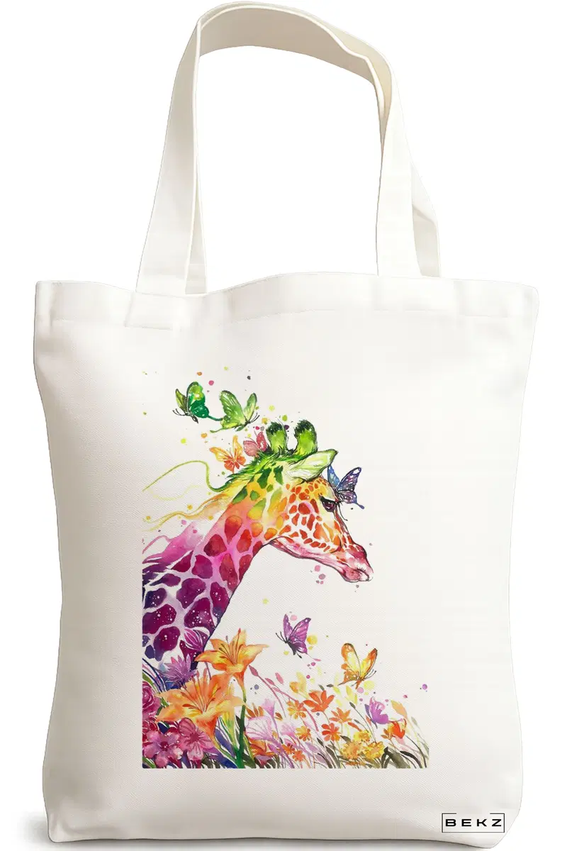 Sacosa Cumparaturi Textila, Geanta Tote, model Colorful Giraffe, 38x34.5 cm, Alba, BEKZ®