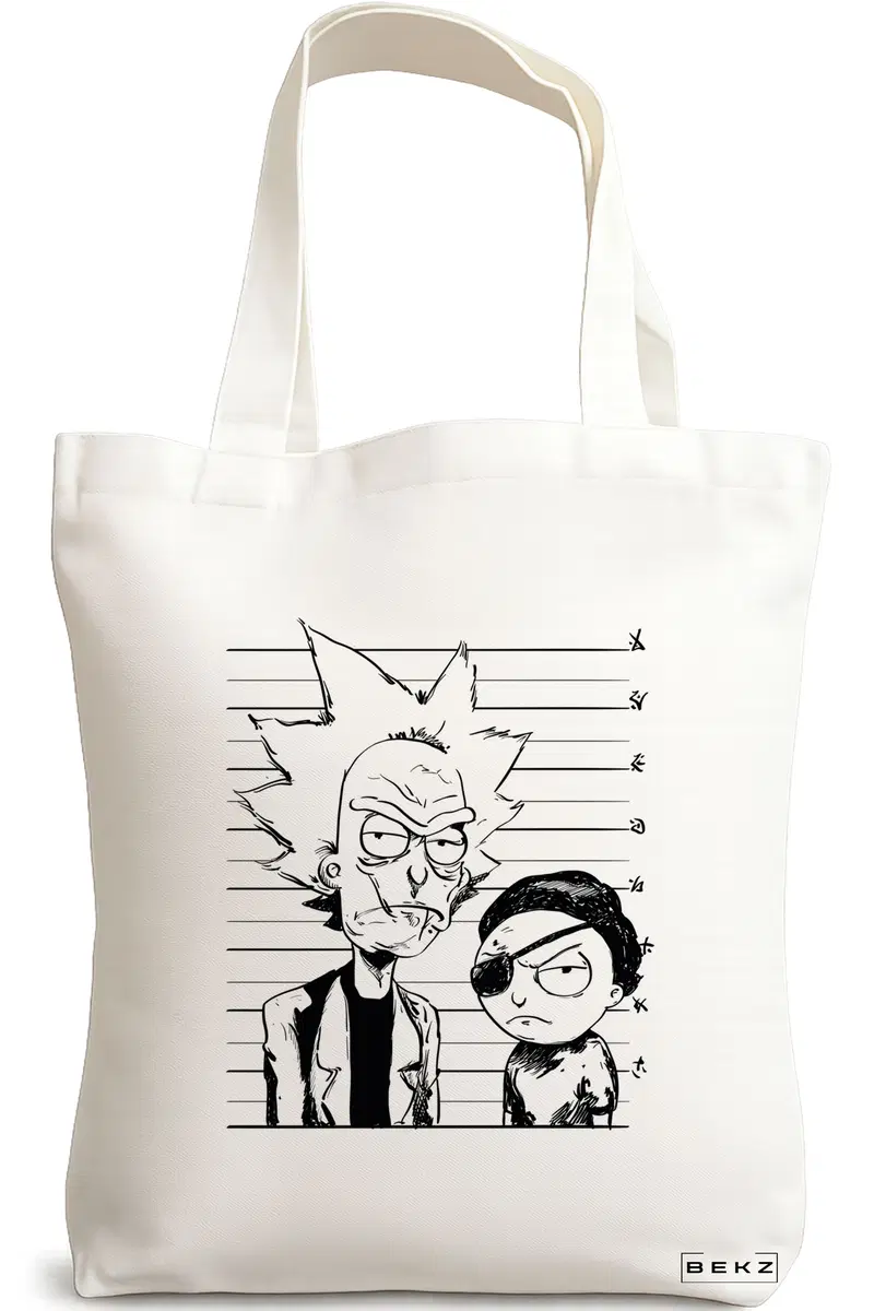 Sacosa Cumparaturi Textila, Geanta Tote, model Rick and Morty, 38x34.5 cm, Alba, BEKZ®
