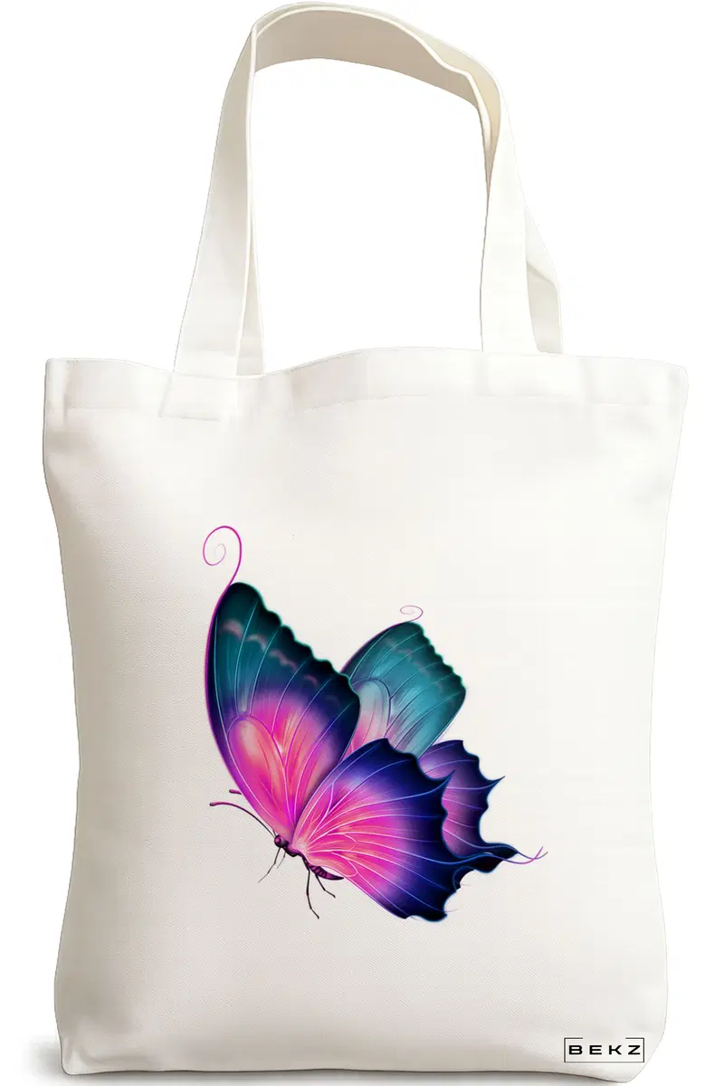 Sacosa Cumparaturi Textila, Geanta Tote, model Colorful Butterfly, 38x34.5 cm, Alba, BEKZ®