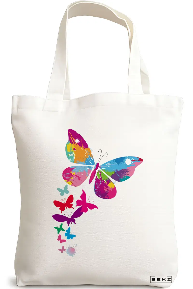 Sacosa Cumparaturi Textila, Geanta Tote, model Watercolor Butterfly, 38x34.5 cm, Alba, BEKZ®