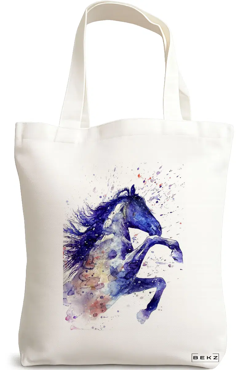 Sacosa Cumparaturi Textila, Geanta Tote, model Watercolor Horse, 38x34.5 cm, Alba, BEKZ®