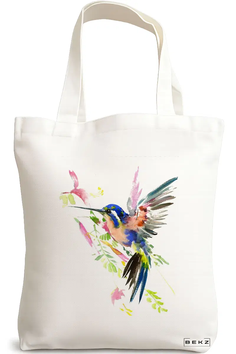 Sacosa Cumparaturi Textila, Geanta Tote, model Watercolor Bird, 38x34.5 cm, Alba, BEKZ®