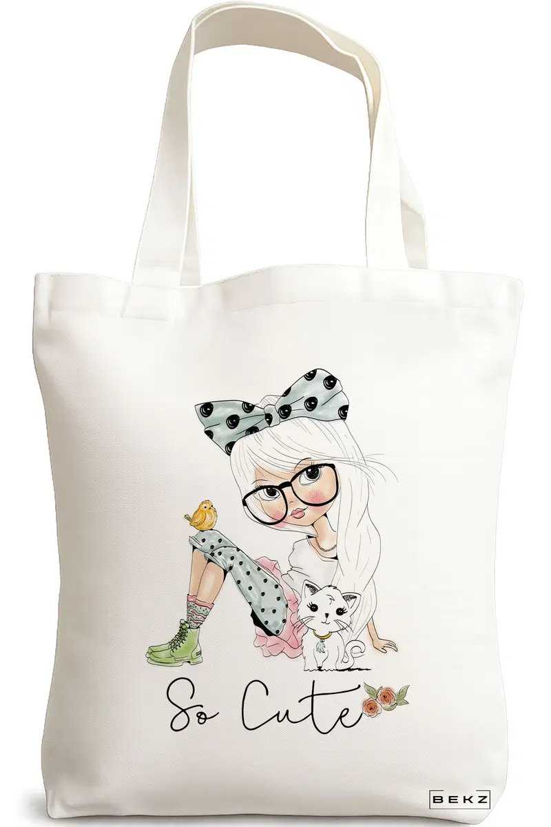 Sacosa Cumparaturi Textila, Geanta Tote, model So Cute, 38x34.5 cm, Alba, BEKZ®