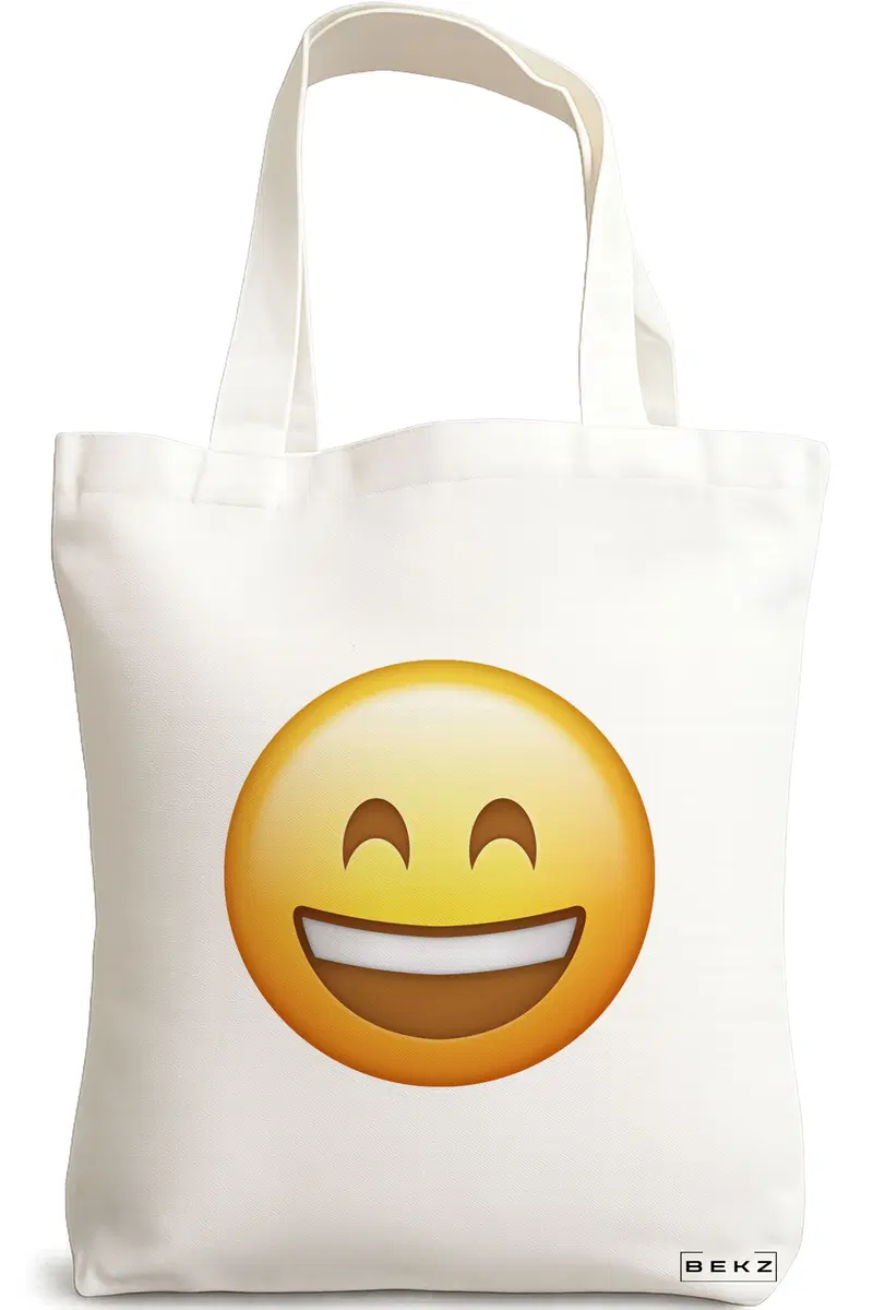 Sacosa Cumparaturi Textila, Geanta Tote, model Happy Emoji, 38x34.5 cm, Alba, BEKZ®